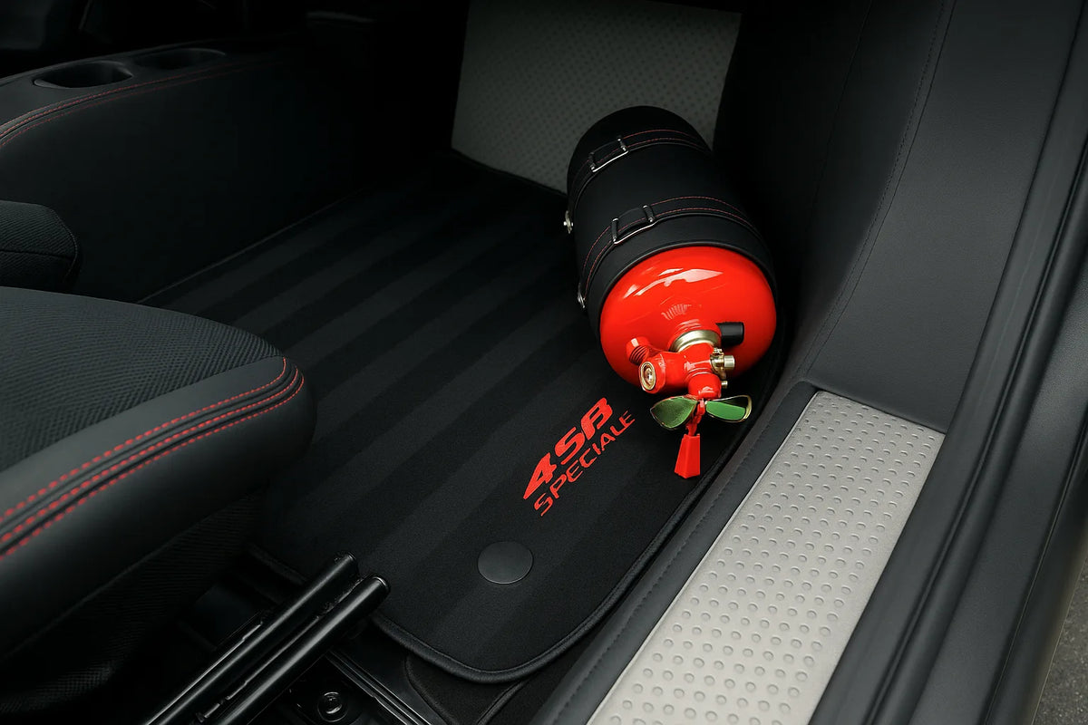 Fire Extinguisher Cover for Supercars – Black Alcantara with Various Color Stitching