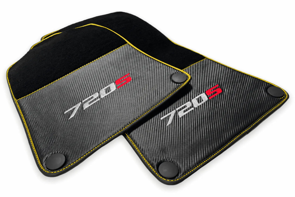 Floor Mats For McLaren 720S Black Tailored Carpets With Carbon Yellow trim