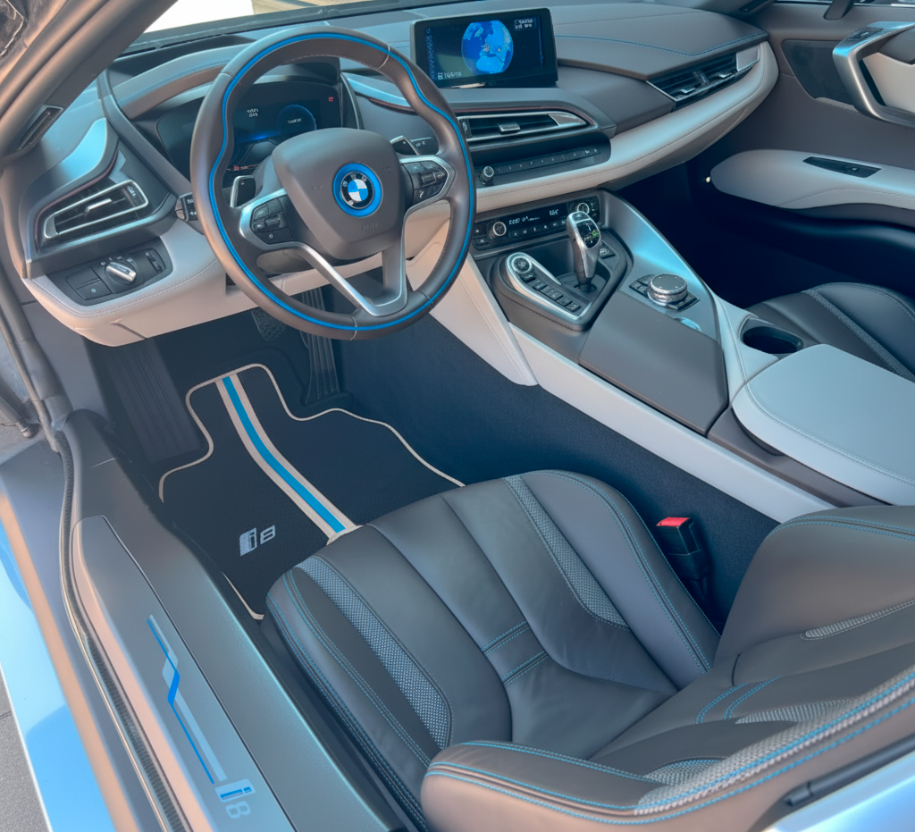 Tapis de voiture en cuir carbone pour BMW i8 Série L12 L15 - Garniture blanche - AutoWin.EU