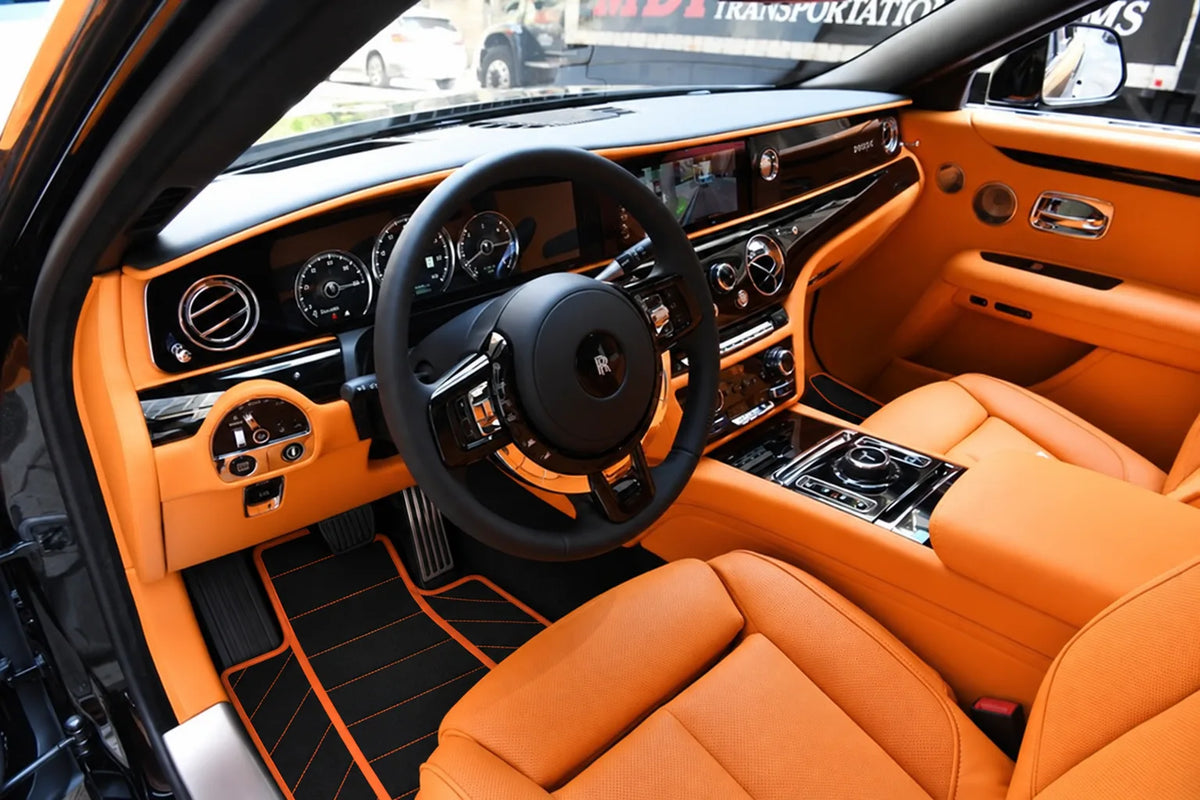 Black Floor Mats for Rolls Royce Ghost Series II 2021-2024 with Gray Leather Borders