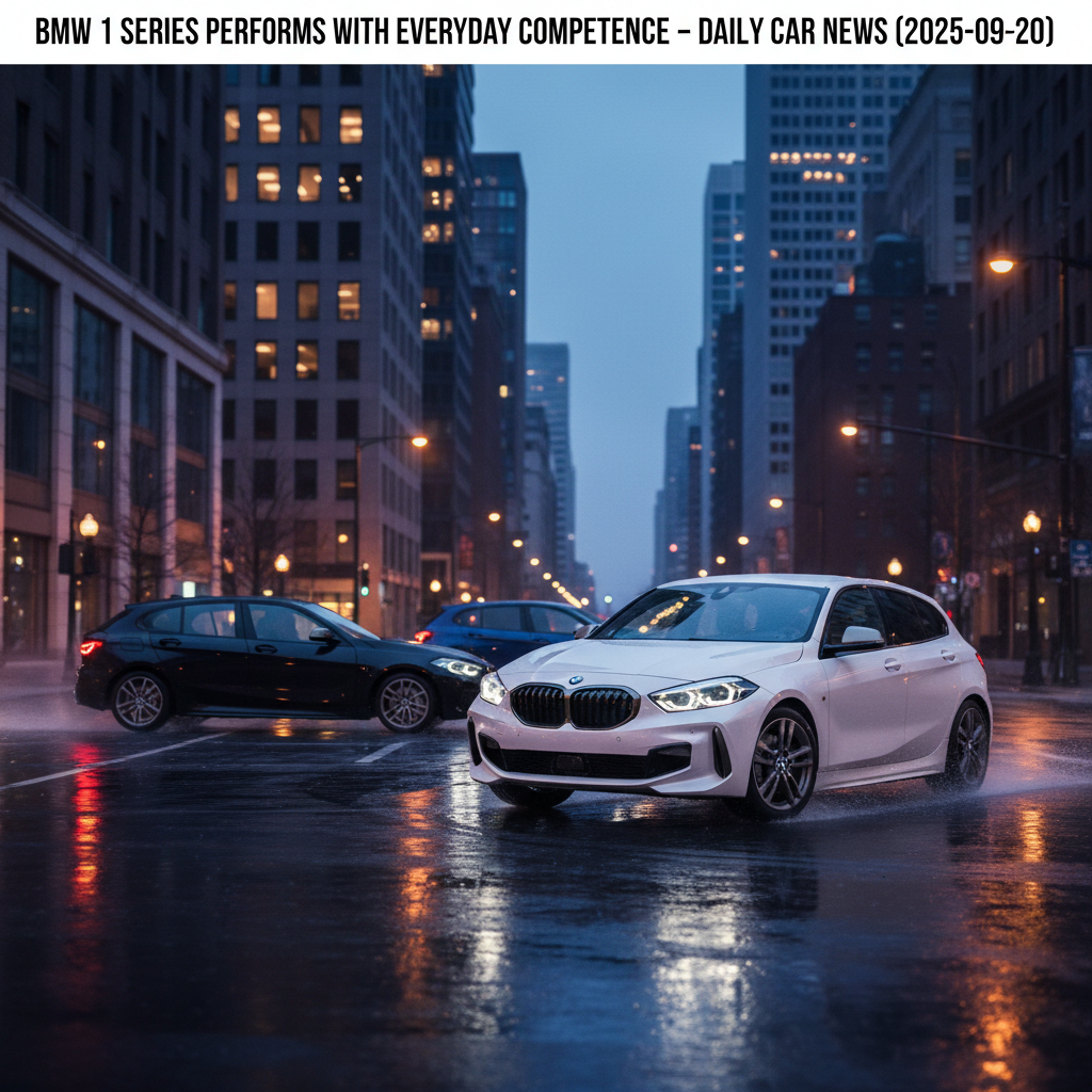 Editorial, photo-realistic HERO for an automotive daily news article titled "BMW 1 Series Performs with Everyday Competence – Daily Car News (2025-09-