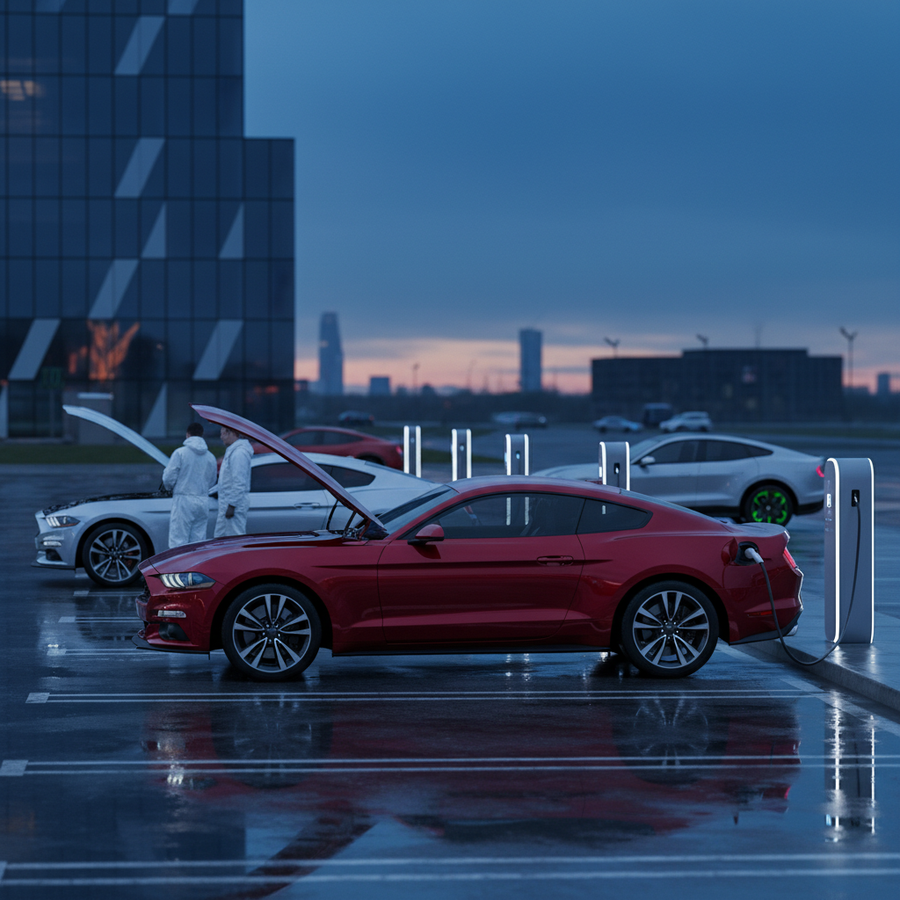 Editorial, photo-realistic HERO for an automotive daily news article titled "Ford Mustang Faces Recall While Hybrid Version in Development – Daily Car