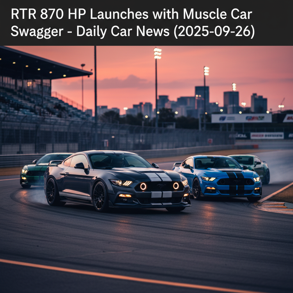Editorial, photo-realistic HERO for an automotive daily news article titled "RTR Mustang 870 HP Launches with Muscle Car Swagger – Daily Car News (202