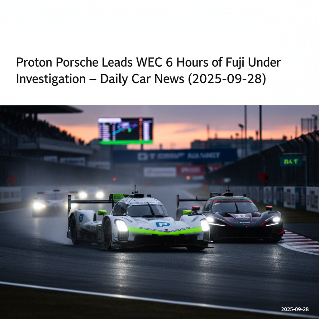 Editorial, photo-realistic HERO for an automotive daily news article titled "Proton Porsche Leads WEC 6 Hours of Fuji Under Investigation – Daily Car 