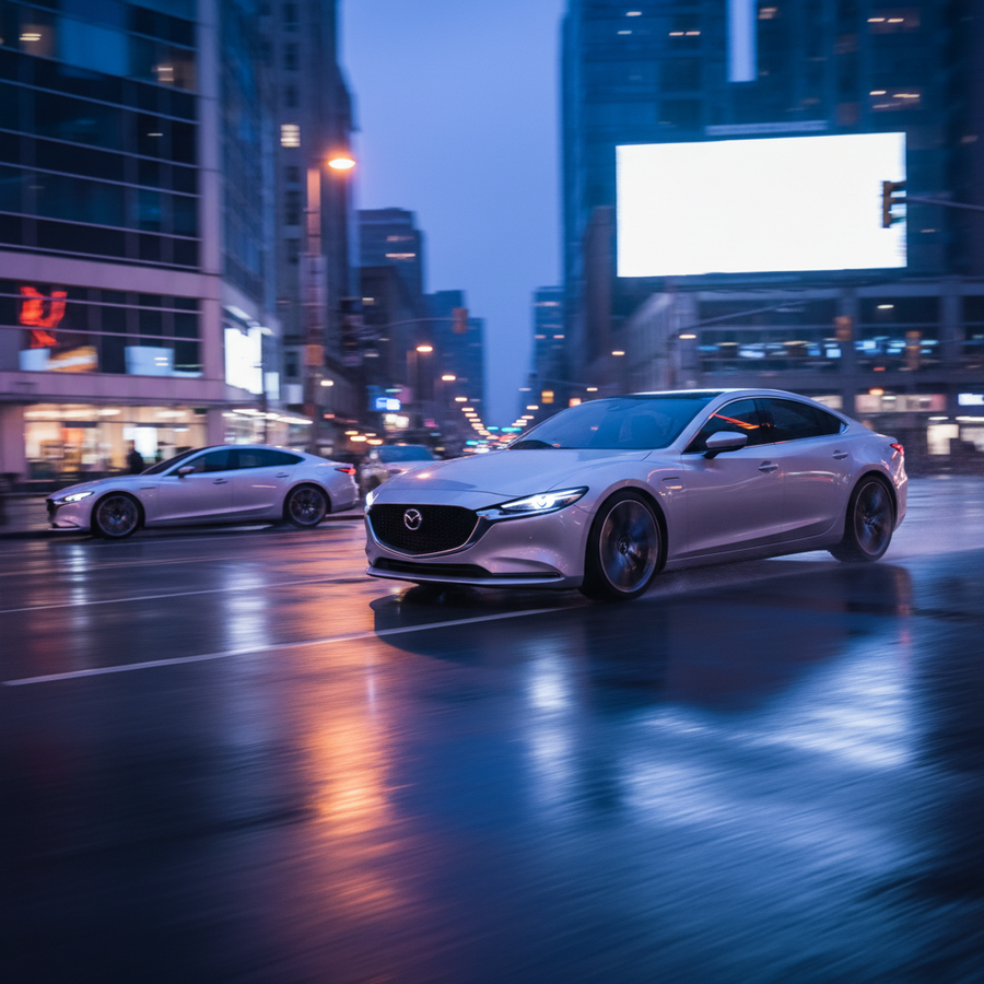 Editorial, photo-realistic HERO for an automotive daily news article titled "Mazda 6e EV Liftback Spied Testing – Daily Car News (2025-09-29)". Depict