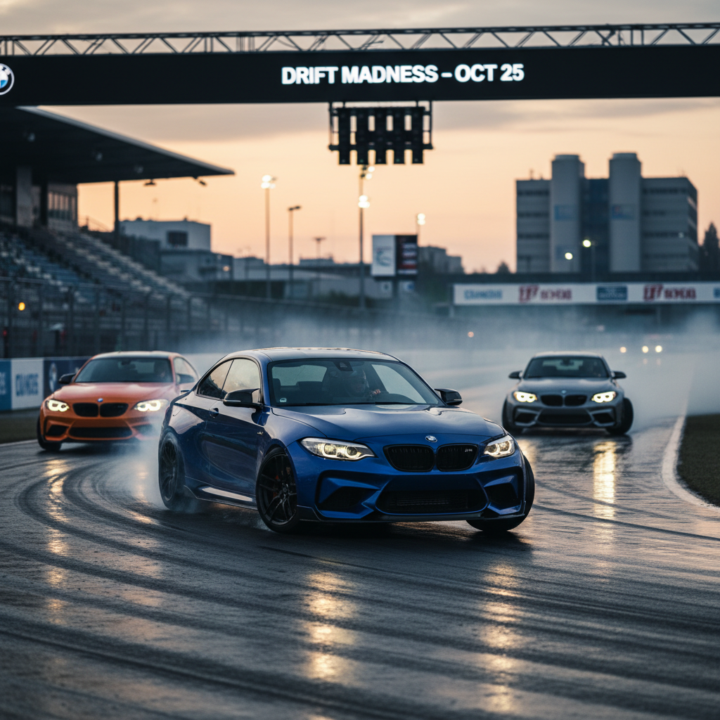 Editorial, photo-realistic HERO for an automotive daily news article titled "BMW M2 Goes 1,100-hp Drift Mad at Munich Factory – Daily Car News (2025-1