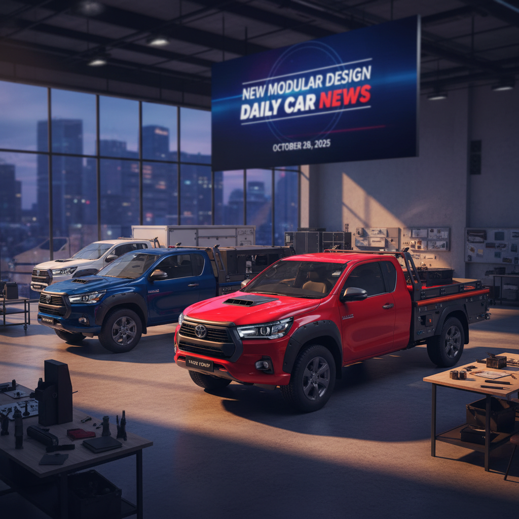 Editorial, photo-realistic HERO for an automotive daily news article titled "Toyota HiLux Champ Launches with New Modular Design – Daily Car News (202