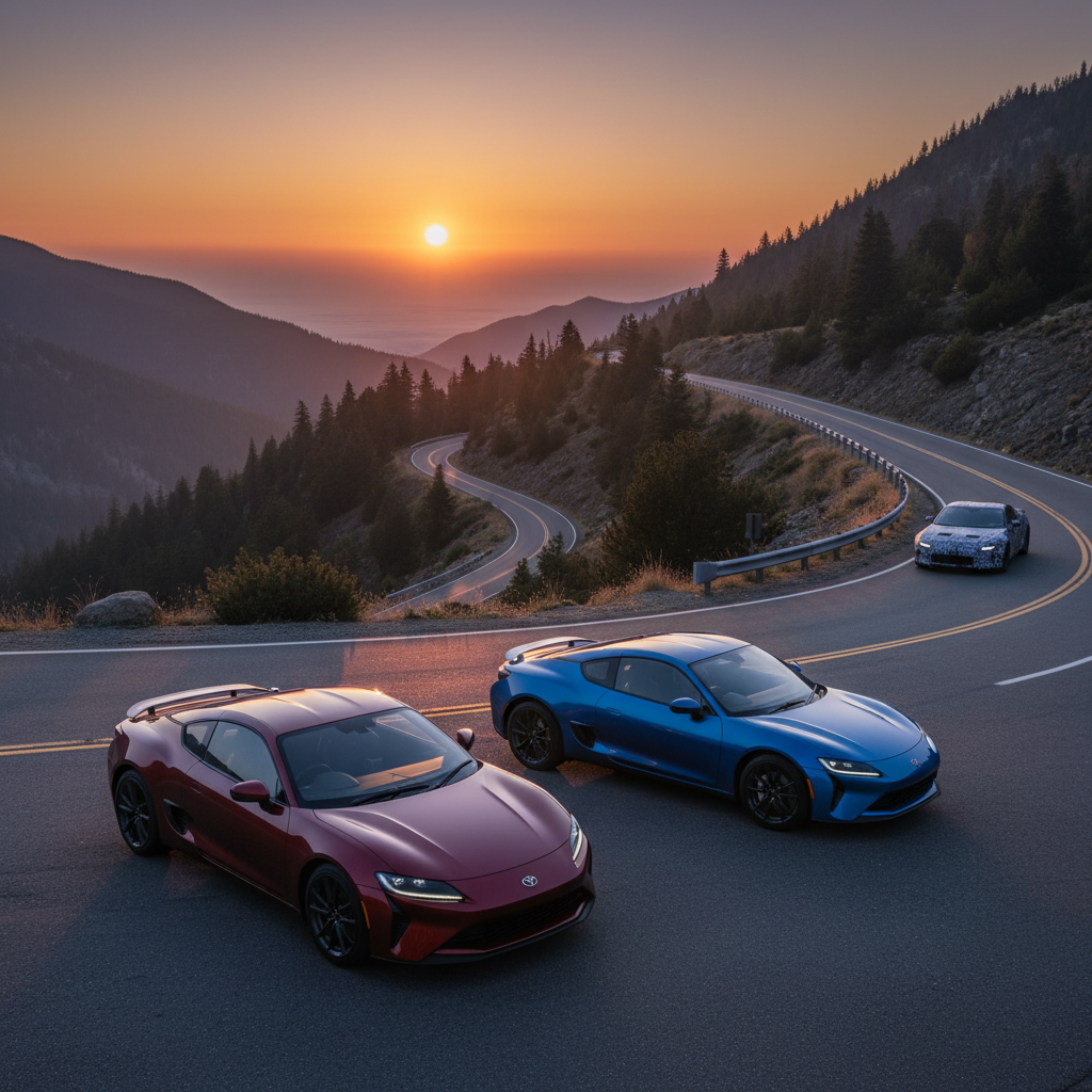 Editorial, photo-realistic HERO for an automotive daily news article titled "Toyota MR2 Nameplate Rumors Heat Up – Daily Car News (2025-12-08)". Depic