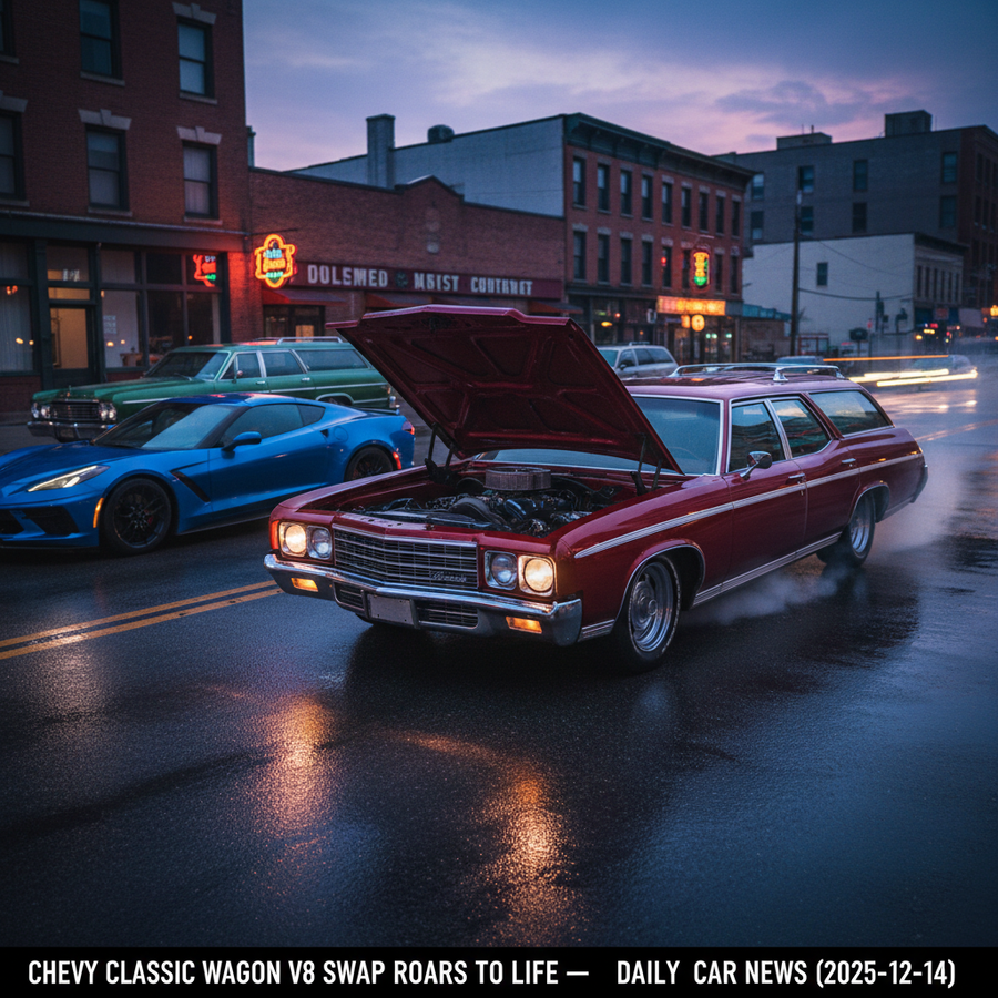 Editorial, photo-realistic HERO for an automotive daily news article titled "Chevy Classic Wagon V8 Swap Roars to Life – Daily Car News (2025-12-14)".