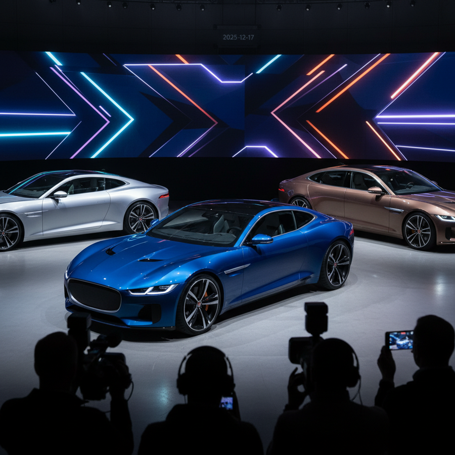Editorial, photo-realistic HERO for an automotive daily news article titled "Jaguar Electric GT with 1000 bhp Impresses at Prototype Preview – Daily C