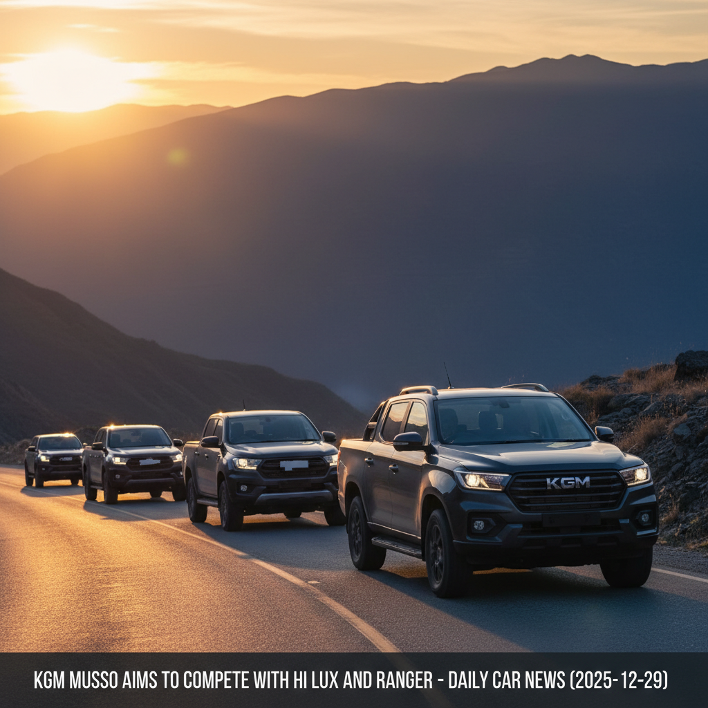 Editorial, photo-realistic HERO for an automotive daily news article titled "KGM Musso Aims to Compete with HiLux and Ranger – Daily Car News (2025-12