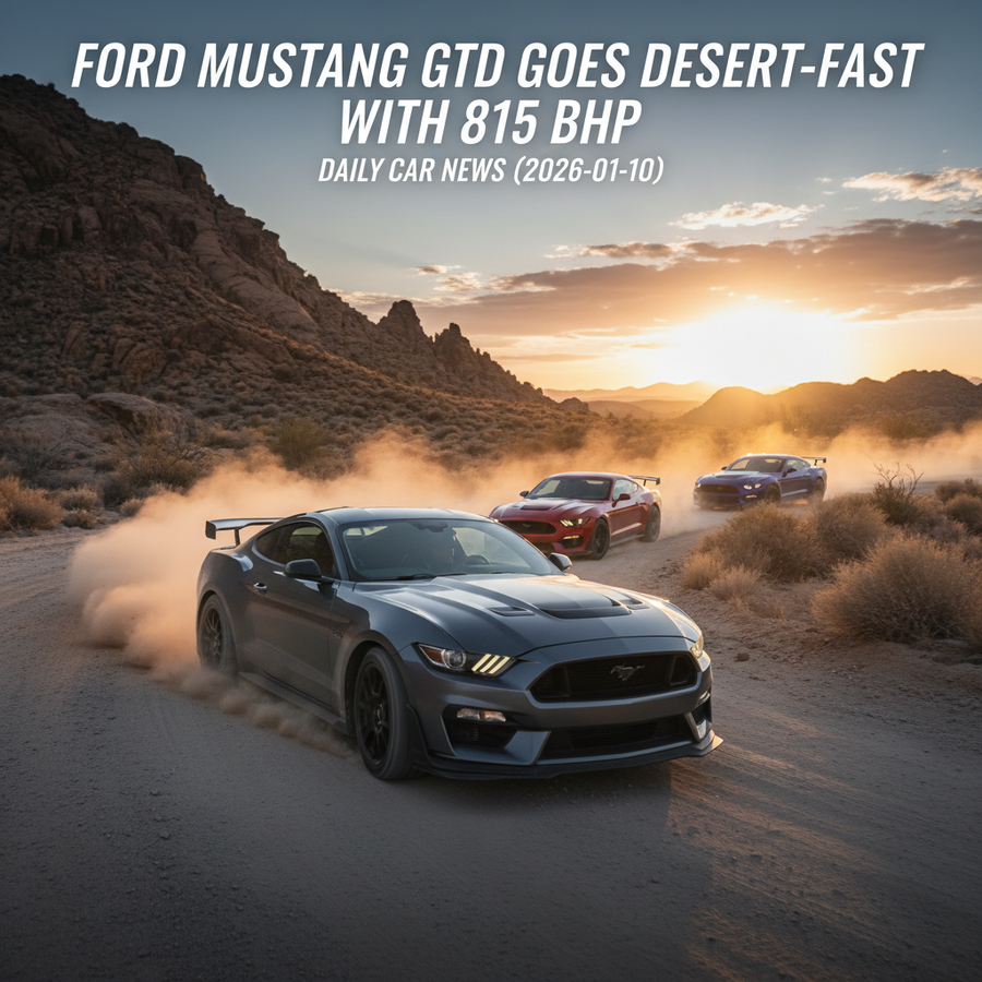 Editorial, photo-realistic HERO for an automotive daily news article titled "Ford Mustang GTD Goes Desert-Fast with 815 bhp – Daily Car News (2026-01-