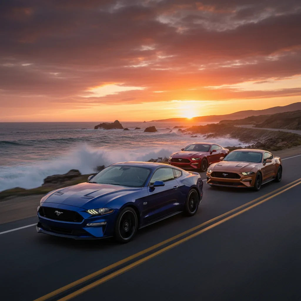 Editorial photo-realistic HERO image for automotive news (2026-01-18). Feature Ford vehicles specifically 2026 Mustang EcoBoost Fastback. Scene: The n