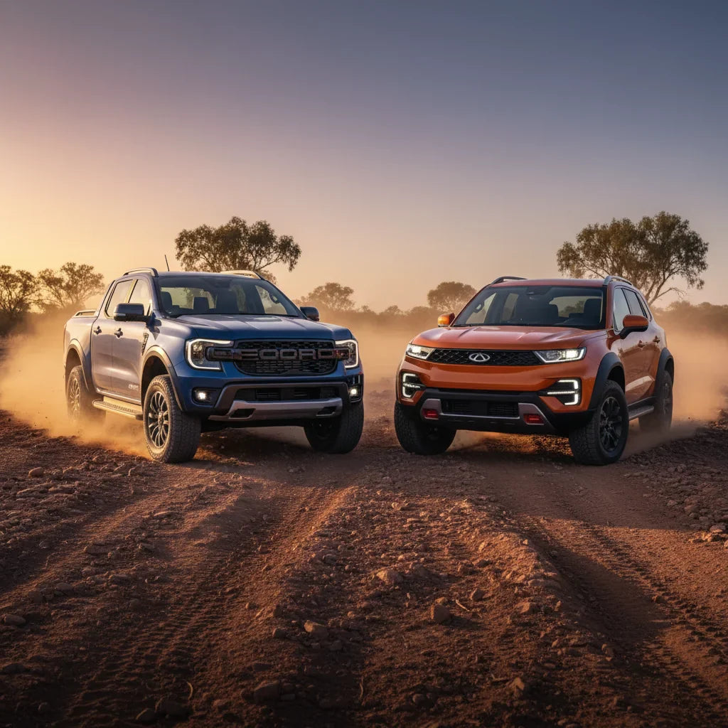 Editorial photo-realistic HERO image for automotive news (2026-02-23). Feature Chery and Ford vehicles specifically Ford Ranger PHEV. Scene: A rugged 