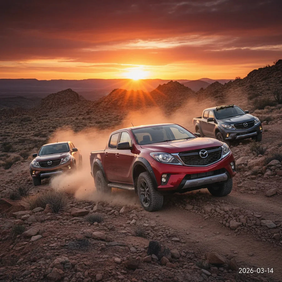 Editorial photo-realistic HERO image for automotive news (2026-03-14). Feature Mazda vehicles specifically BT-50 Thunder. Scene: The new Mazda BT-50 T