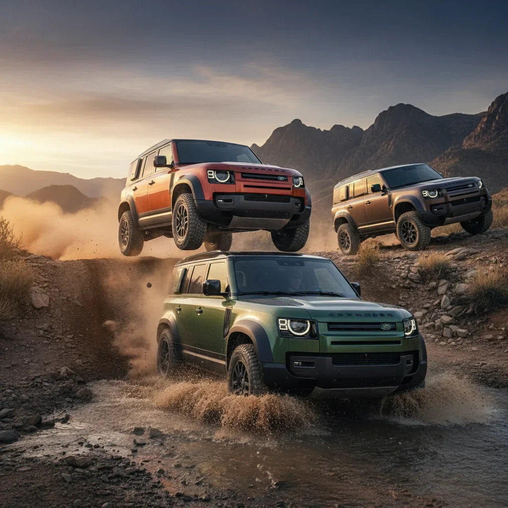 Editorial photo-realistic HERO image for automotive news (2026-05-02). Feature Land Rover vehicles specifically Defender Octa. Scene: A powerful Land 