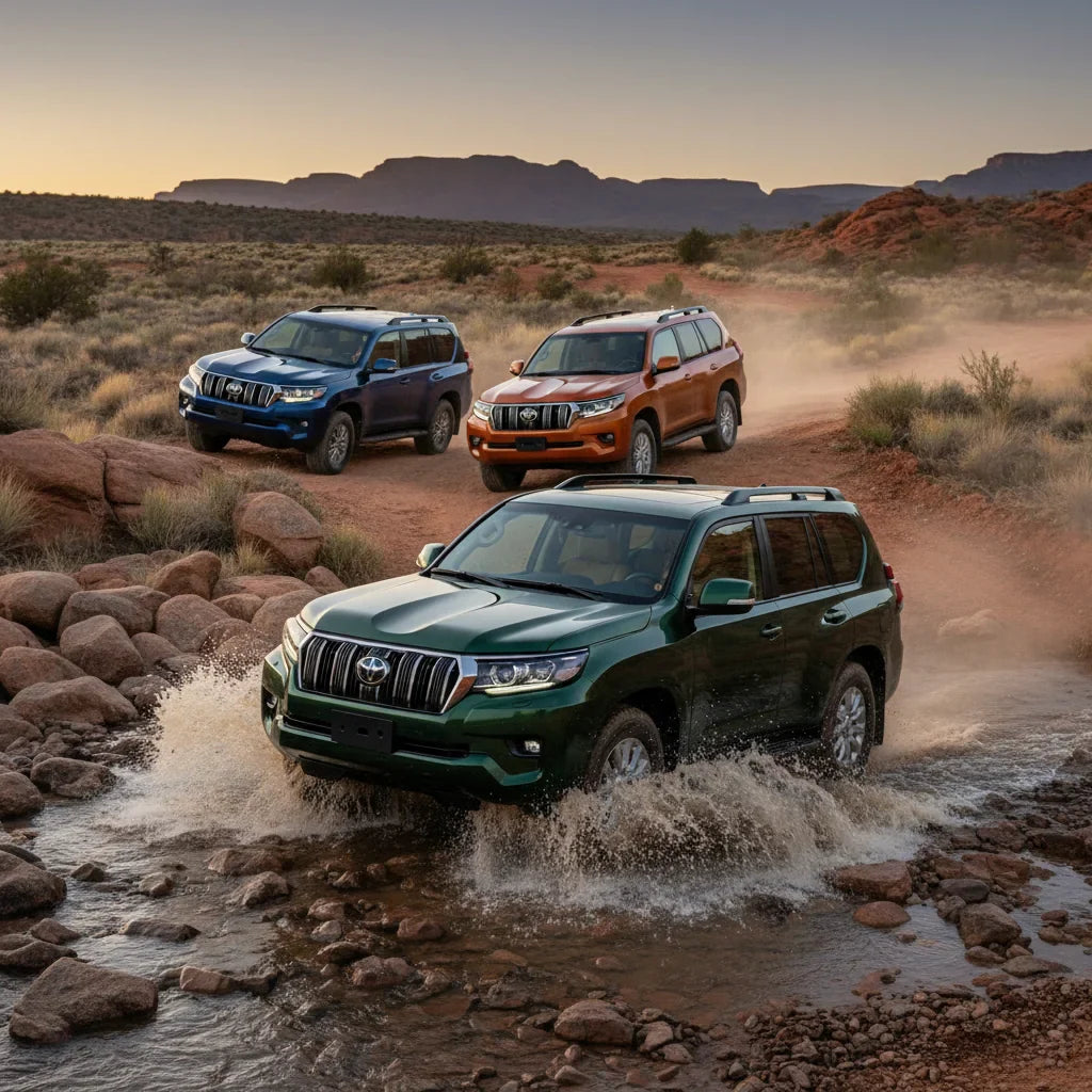 Editorial photo-realistic HERO image for automotive news (2026-05-05). Feature Toyota vehicles specifically LandCruiser Hybrid. Scene: A powerful Toyo
