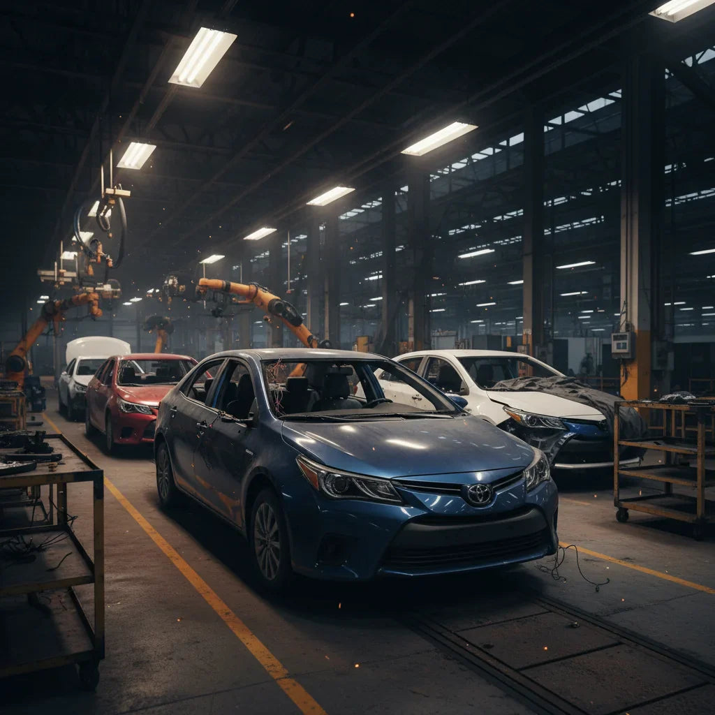 Editorial photo-realistic HERO image for automotive news (2026-05-27). Feature Toyota vehicles specifically Corolla, Camry. Scene: A deserted Toyota f
