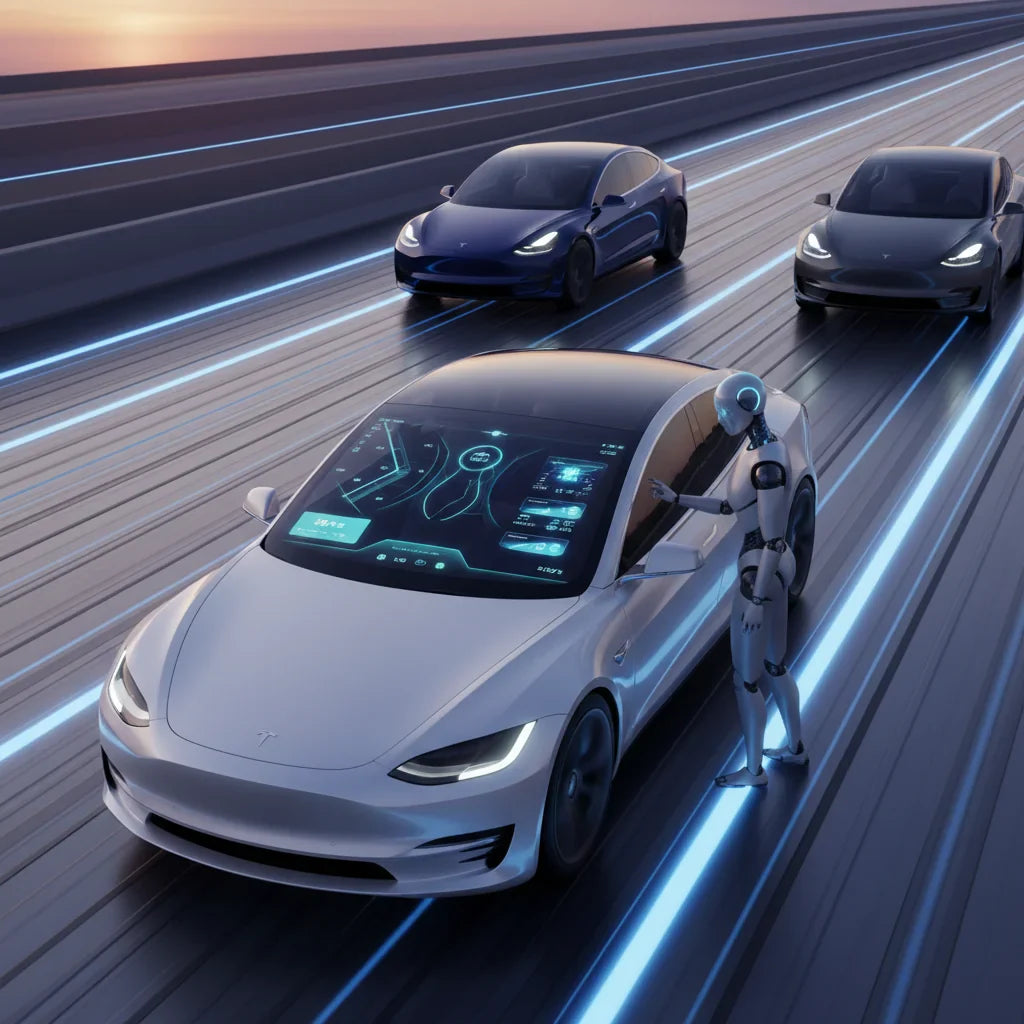 Editorial photo-realistic HERO image for automotive news (2026-05-30). Feature Tesla vehicles specifically Tesla AI Bot. Scene: A futuristic highway w