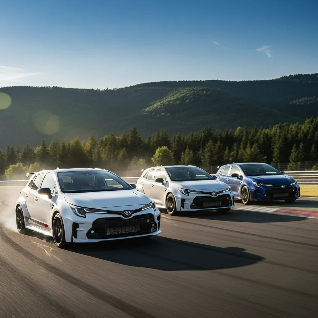 Editorial photo-realistic HERO image for automotive news (2026-06-02). Feature Toyota vehicles specifically GR Corolla, GRMN Corolla. Scene: The new T