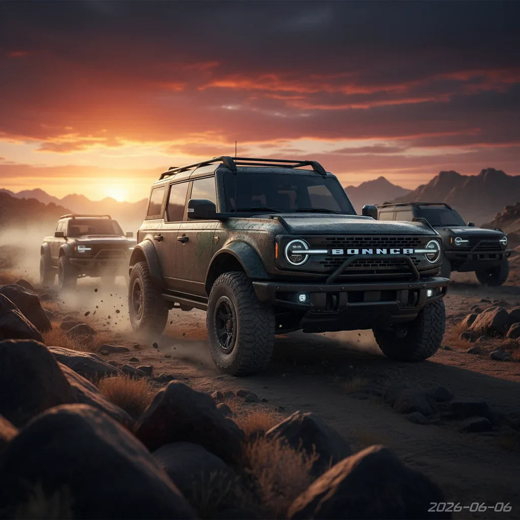 Editorial photo-realistic HERO image for automotive news (2026-06-06). Feature Ford vehicles specifically Bronco. Scene: A rugged Ford Bronco with arm