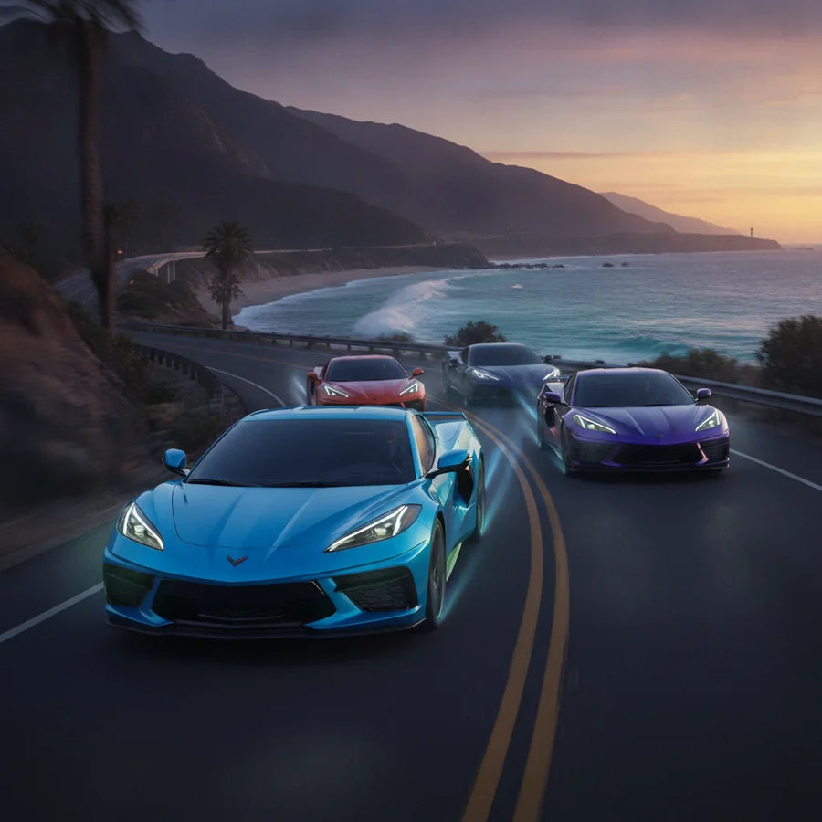 Editorial photo-realistic HERO image for automotive news (2026-06-13). Feature Chevrolet vehicles specifically Corvette E-Ray. Scene: The 2026 Chevrol