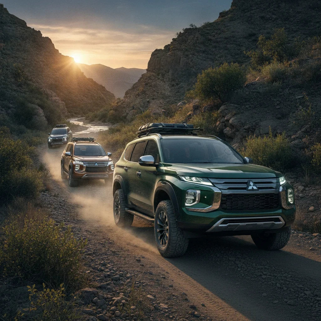 Editorial photo-realistic HERO image for automotive news (2026-06-18). Feature Mitsubishi vehicles specifically Pajero. Scene: A dynamic outdoor setti