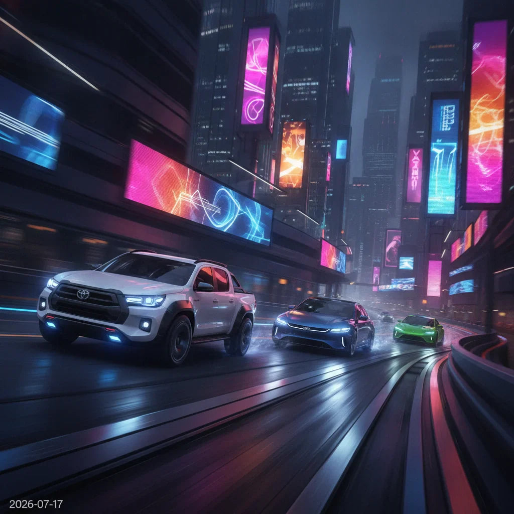 Editorial photo-realistic HERO image for automotive news (2026-07-17). Feature Toyota and BYD vehicles specifically HiLux BEV. Scene: A dynamic race s