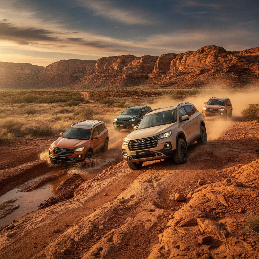 Editorial photo-realistic HERO image for automotive news (2026-07-20). Feature Chery vehicles specifically Lepas. Scene: Chery's new Lepas vehicles un