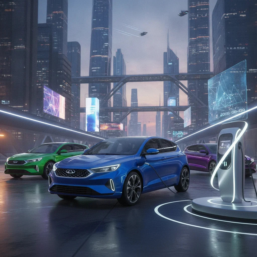 Editorial photo-realistic HERO image for automotive news (2026-08-04). Feature Chery vehicles specifically Lepas hatchback. Scene: A vibrant urban set