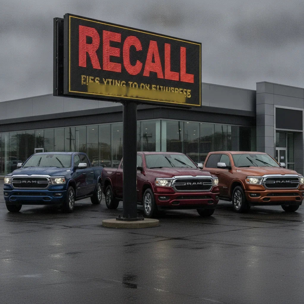 Editorial photo-realistic HERO image for automotive news (2026-08-27). Feature Ram vehicles specifically Ram 1500. Scene: A dramatic image of the Ram 