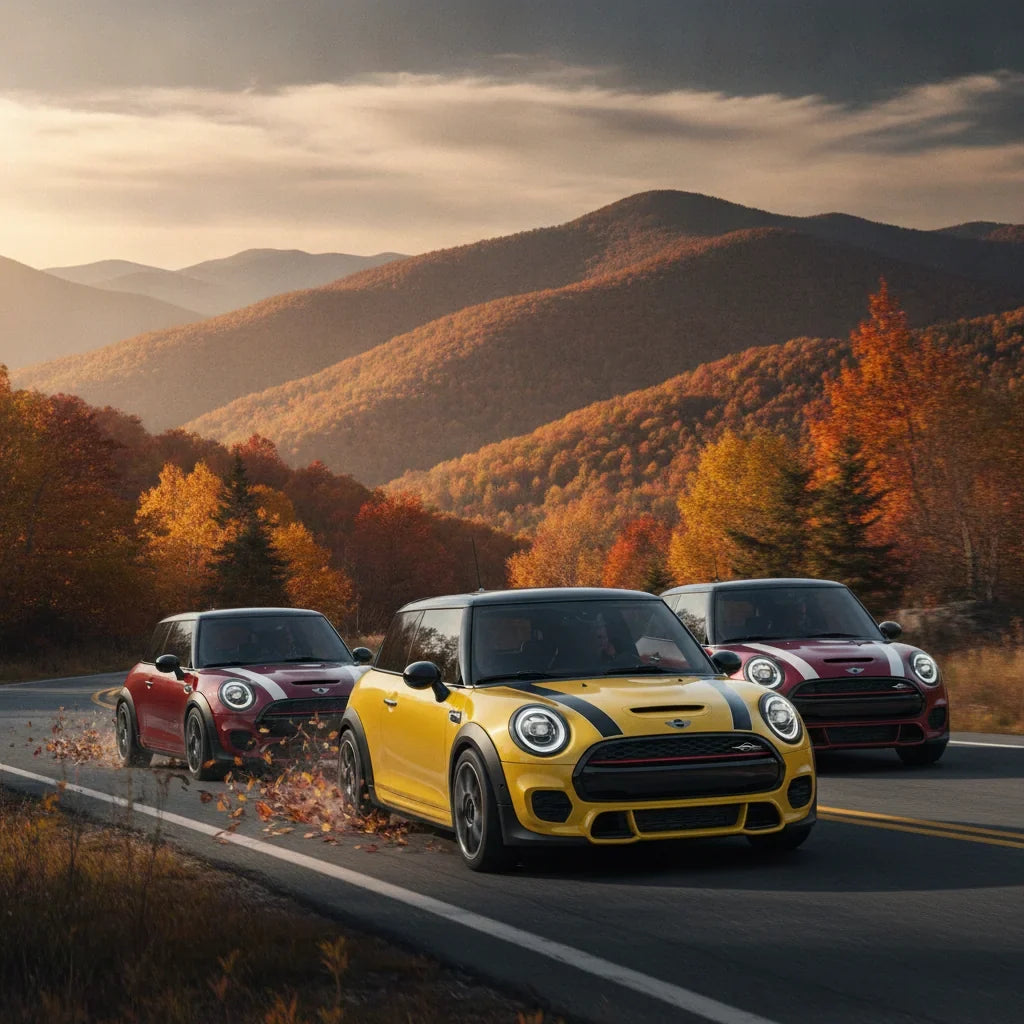 Editorial photo-realistic HERO image for automotive news (2026-09-12). Feature Mini vehicles specifically 1998 GT. Scene: The new Mini 1998 GT racing 
