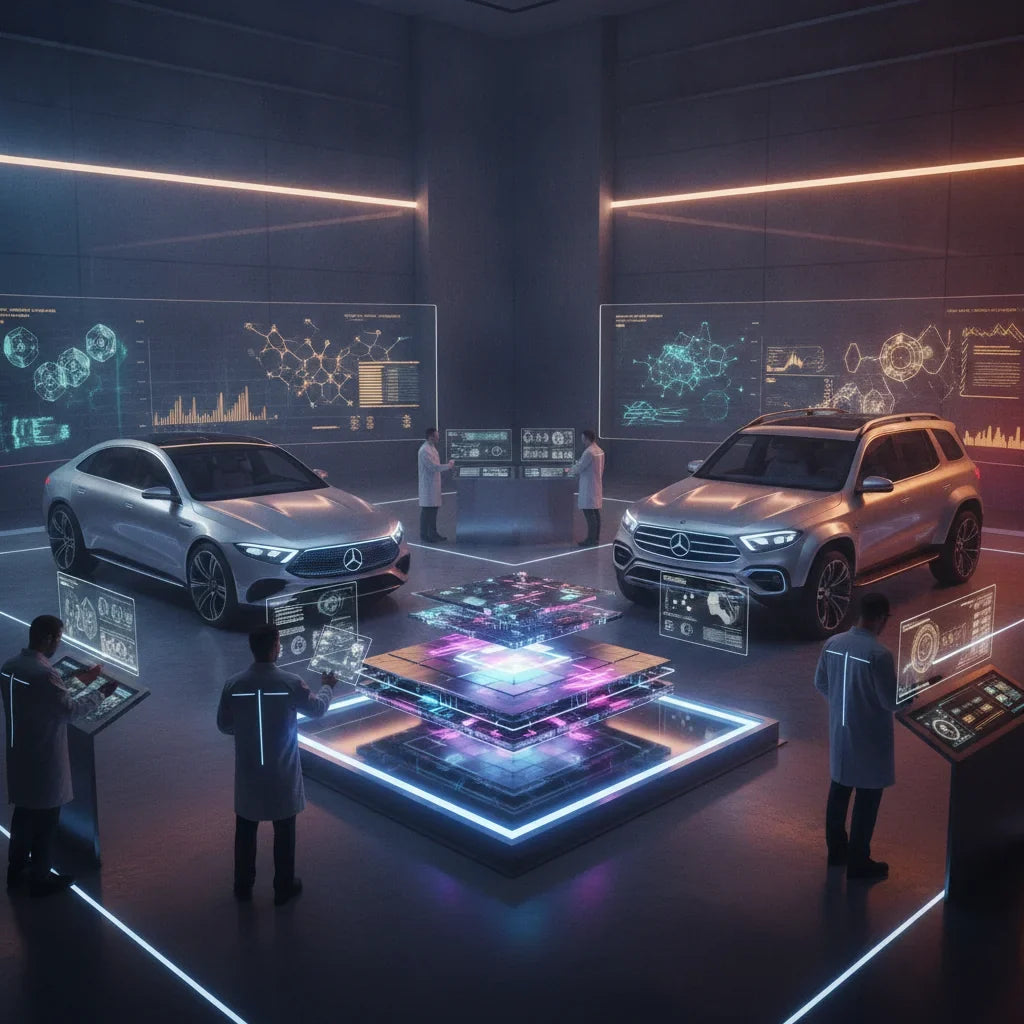 Editorial photo-realistic HERO image for automotive news (2026-09-26). Feature Mercedes vehicles specifically Solid State Battery Prototype. Scene: A 