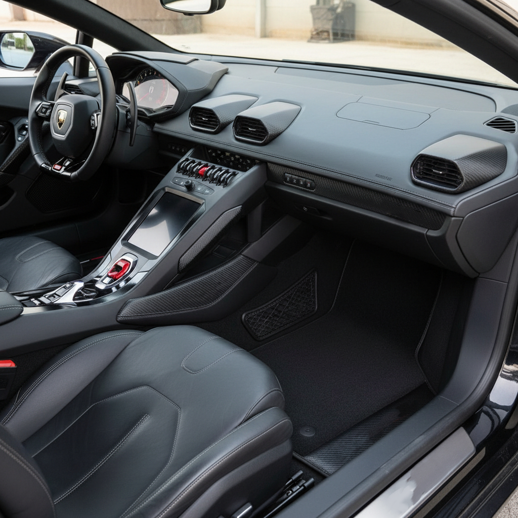 Alfombrillas negras personalizadas para Lamborghini Huracan STO con costura de cuero de fibra de carbono en naranja