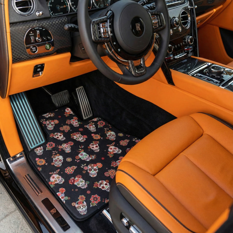 Tappetini per auto neri con design teschio floreale per Rolls-Royce Cullinan (2018-2025)