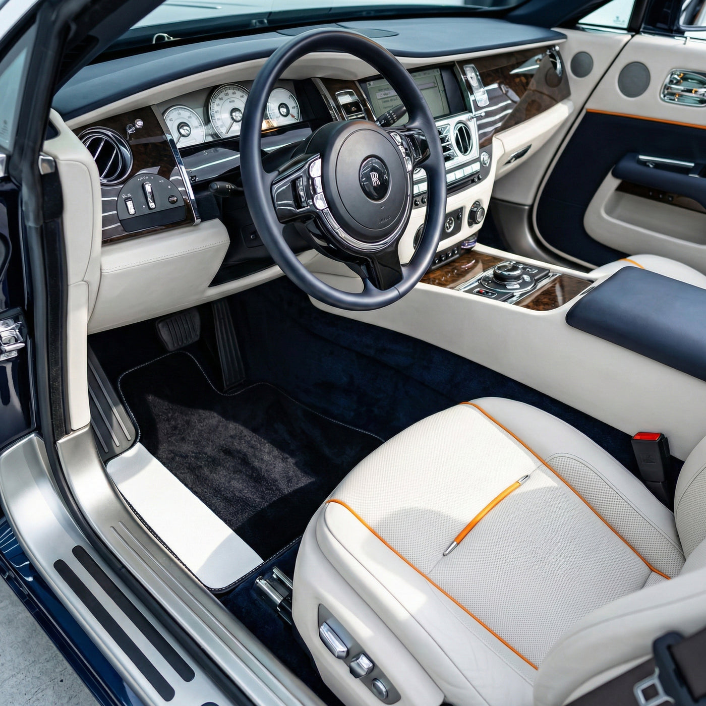 Black Floor Mats for Rolls Royce Dawn (2016-2023) with White Leather