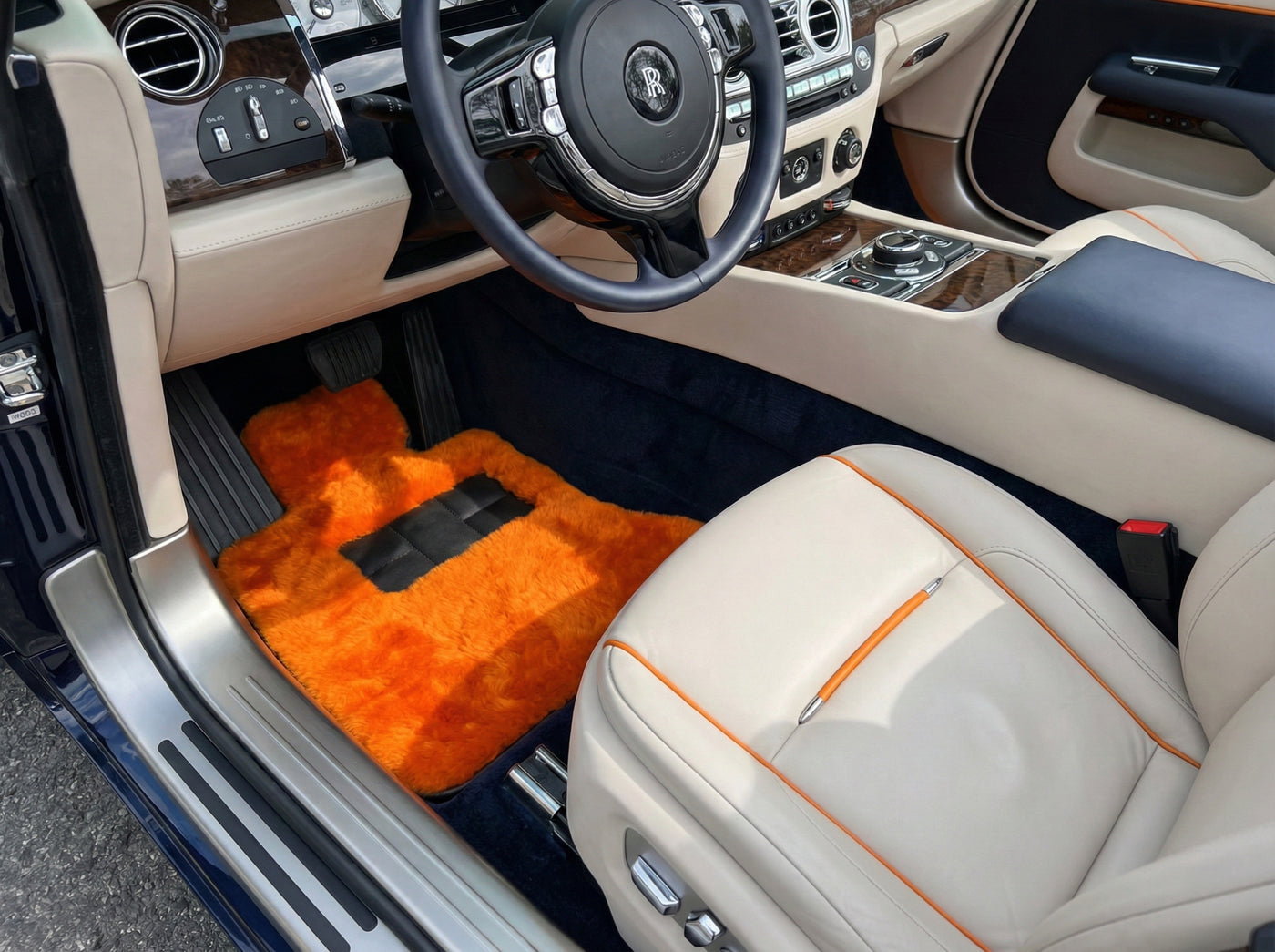 Alfombrillas de piel de oveja naranja para Rolls Royce Dawn RR6 2016-2023 Diseño ER56