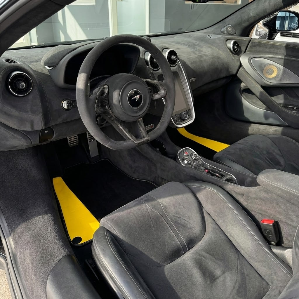 Alfombrillas de coche negras para McLaren 600 LT (2018-2020) con cuero amarillo