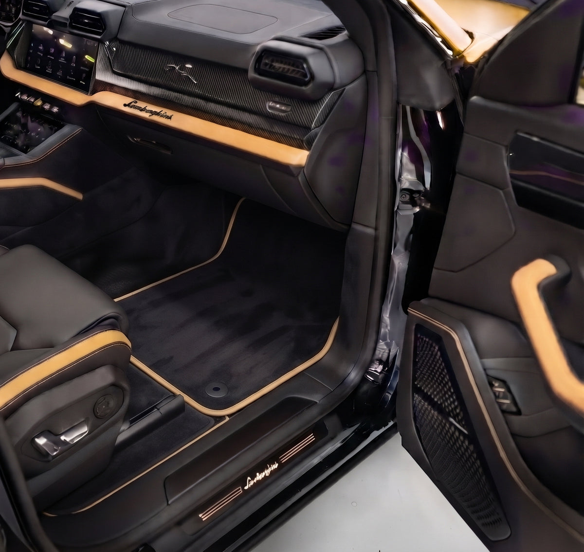 Customizable Black Floor Mats For Lamborghini Urus With Blue Alcantara Leather