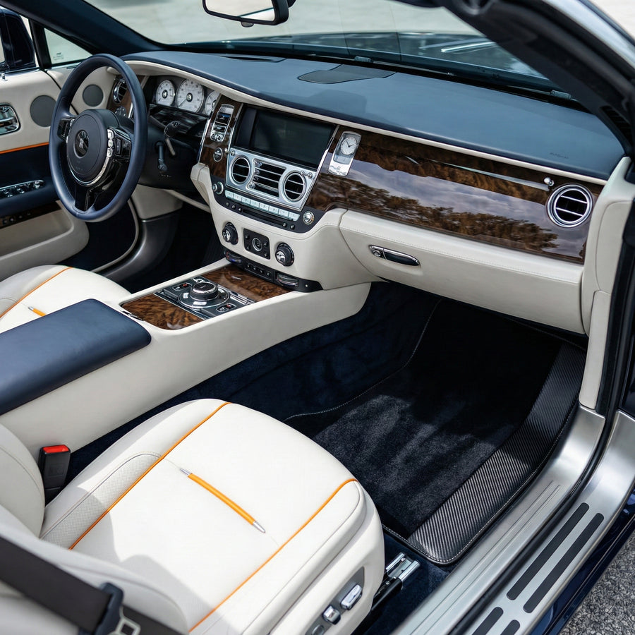 Tappetini per auto neri su misura per Rolls Royce Dawn (2016-2023) con pelle in fibra di carbonio