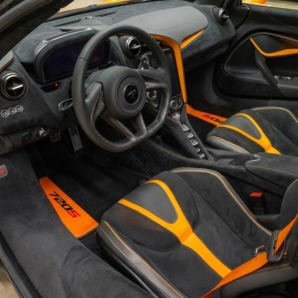 Tappeti per auto neri per McLaren 720S (2017-2021) con pelle arancione