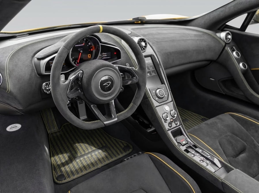 Alfombrillas de cuero para McLaren 650S (2015-2018) alfombrillas negras a medida con costura amarilla