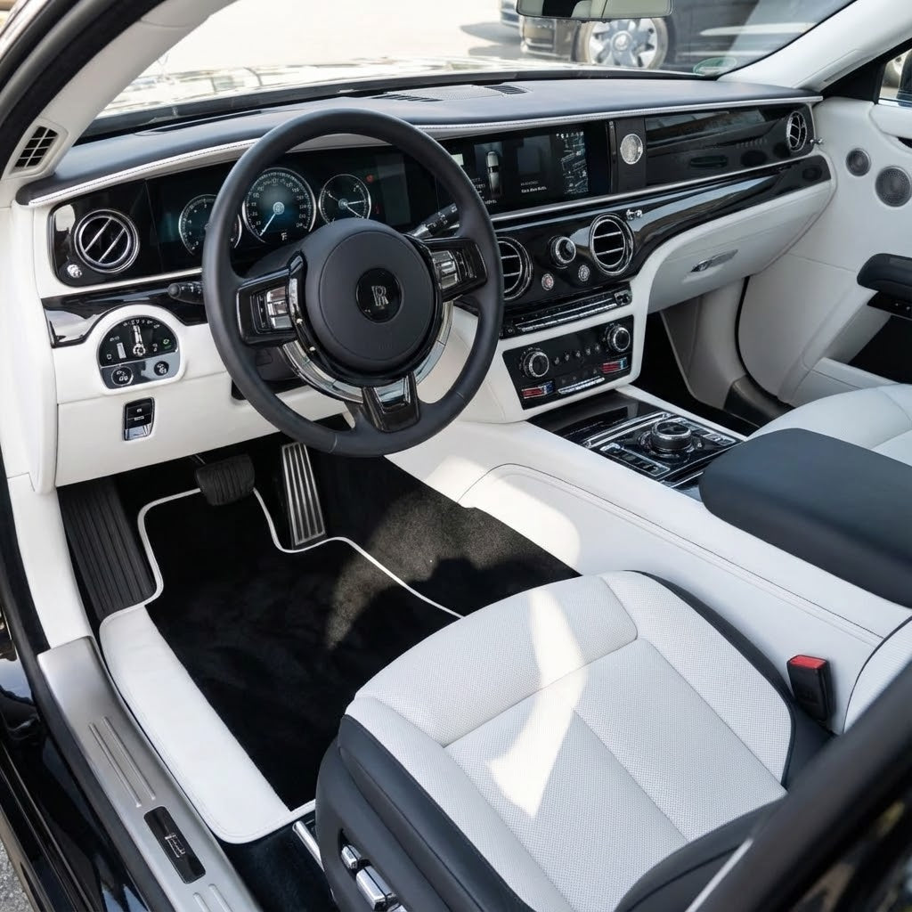 Tappetini Neri per Auto per Rolls Royce Spectre 2023-2024 con Pelle Bianca | Rifinitura Bianca