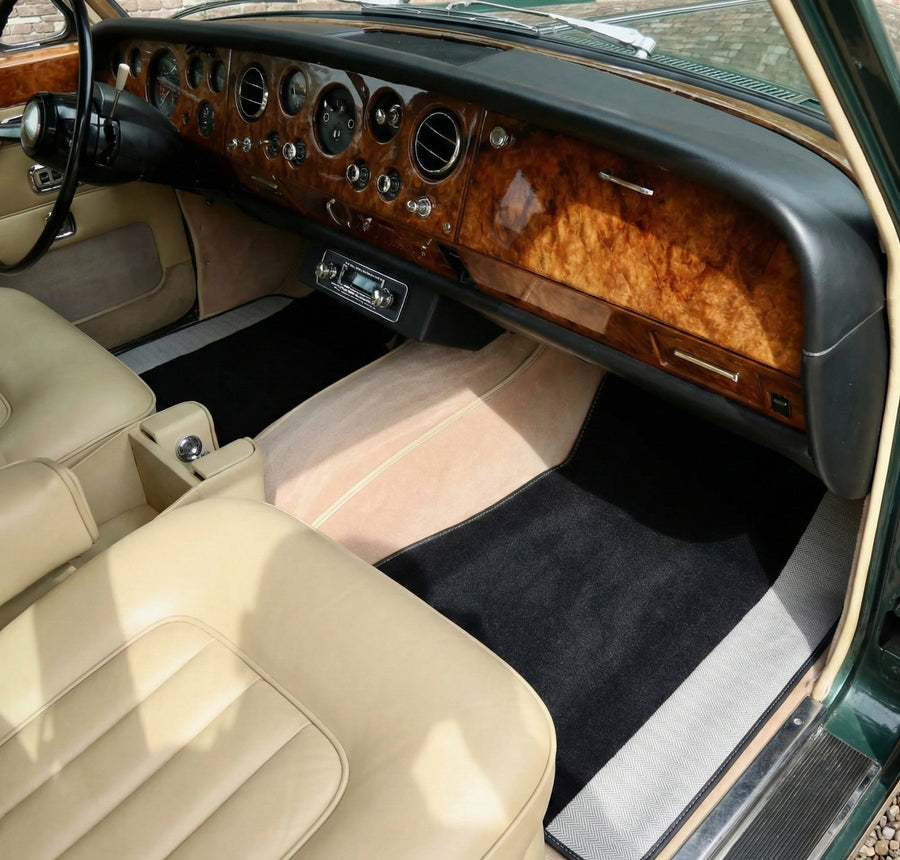 Tappetini per auto neri per Rolls Royce Shadow 1965-1977 con bordi in pelle grigia
