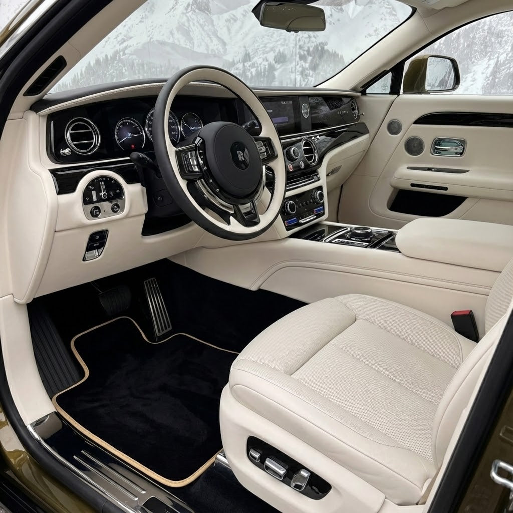 Black Floor Mats for Rolls Royce Spectre (2023-2024) with Gold Leather - AutoWin