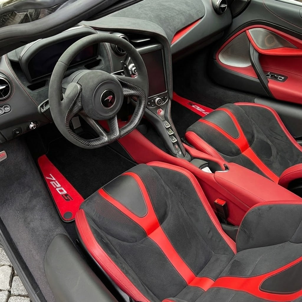 Tapis de voiture noir pour McLaren 720S année 2017-2021 avec cuir Alcantara rouge