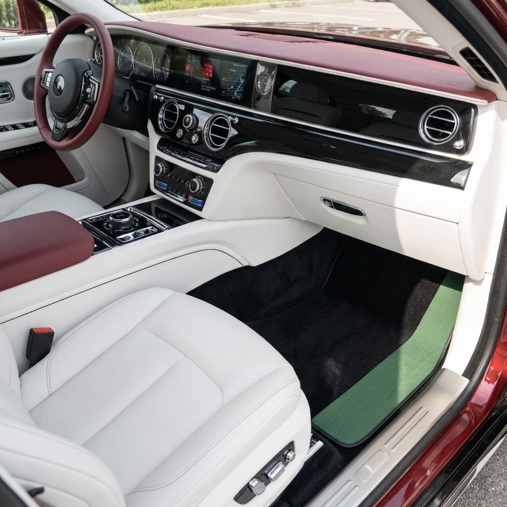 Tapis de voiture noirs pour Rolls Royce Spectre (2023-2024) avec bordures en cuir vert