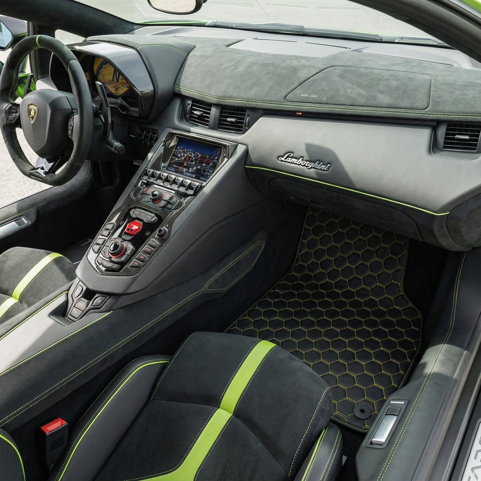 Customizable Leather Floor Mats with Hexagon Hex Pattern for Lamborghini Aventador (2012-2022) - AutoWin