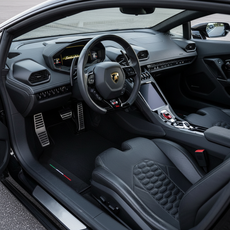 Tappetini per auto neri su misura con pelle per Lamborghini Gallardo (2004-2014) - Edizione Fighter Jet