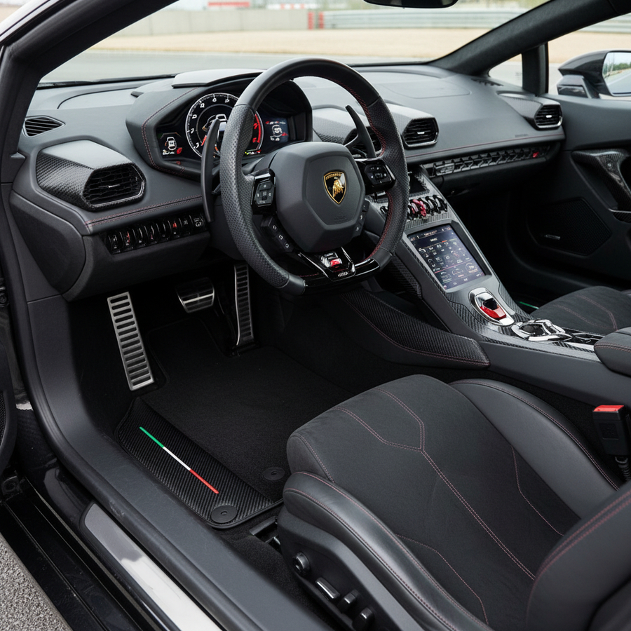 Tappetini per auto neri su misura per Lamborghini Huracan EVO 2019-2024 con bordi in pelle di carbonio